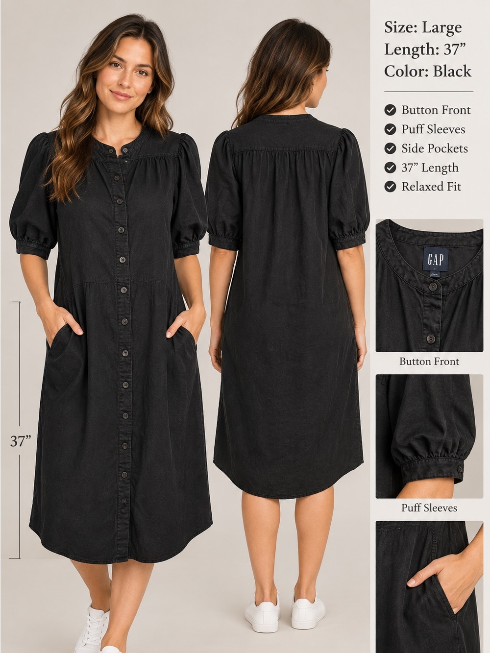 GAP Black Button-Front Puff Sleeve Dress LARGE Pit 18” Length 37” Has POCKETS